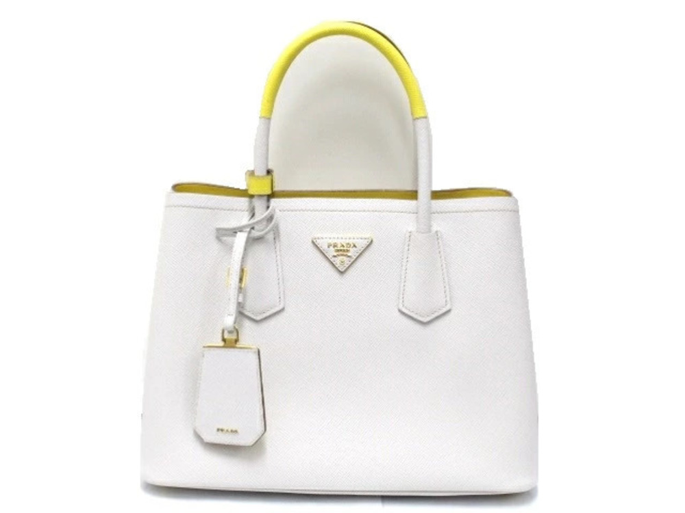 Prada Double Bag Tote Shoulder Saffiano White Yellow Bicolor